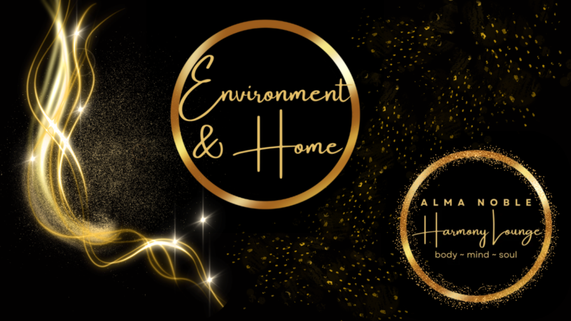 Your Home subpage banner — black background, golden smoke, Environment circle, Alma Noble