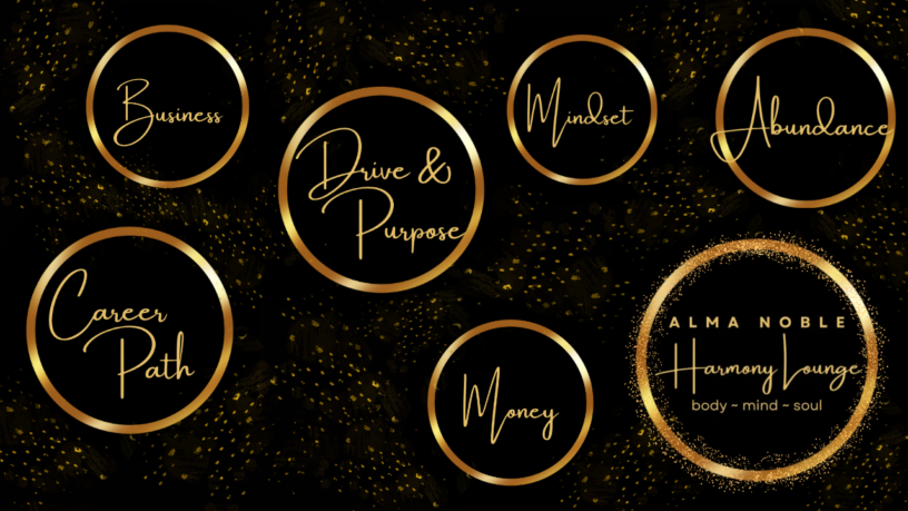 Abundance hub banner — black background, multiple golden abundance circles, Alma Noble