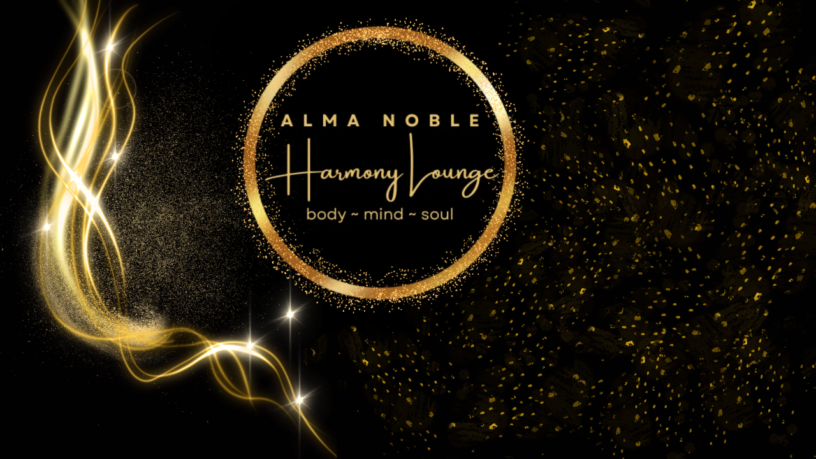 Alma Noble Harmony Lounge page banner — black background, golden smoke and sparkles around logo
