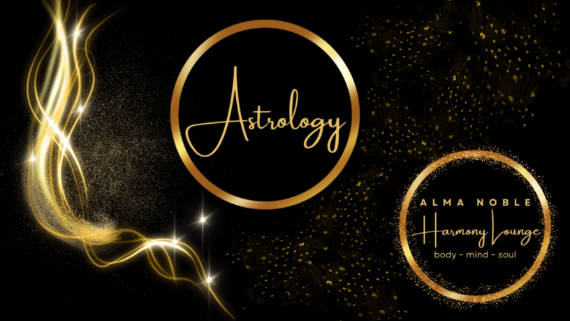 Astrology subpage banner — black background, golden smoke, Astrology circle, Alma Noble