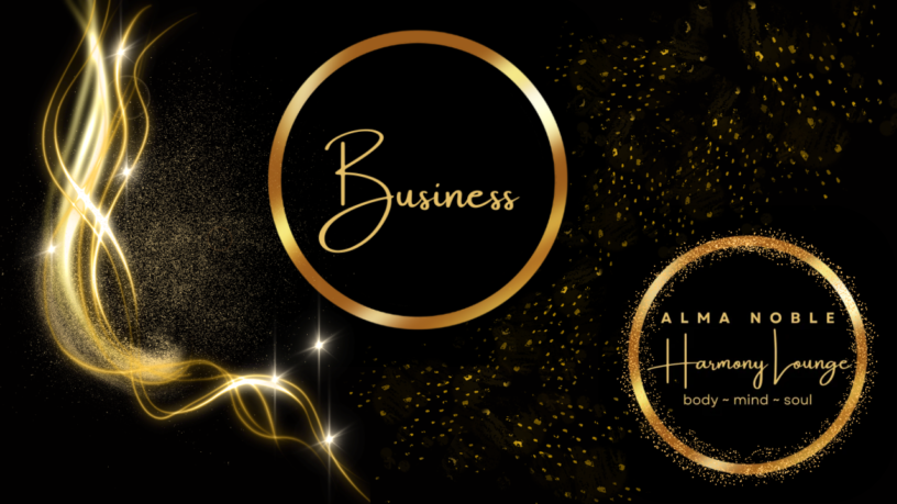 Your Business subpage banner — black background, golden smoke, Business circle, Alma Noble