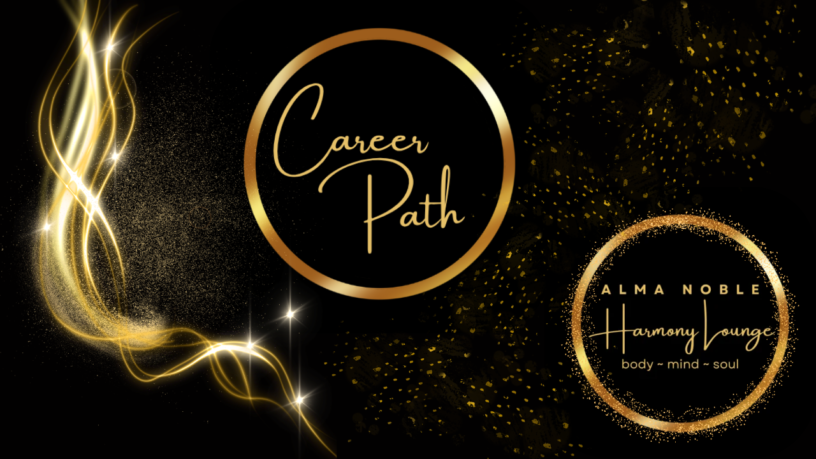 Career Path subpage banner — black background, golden smoke, Career circle, Alma Noble