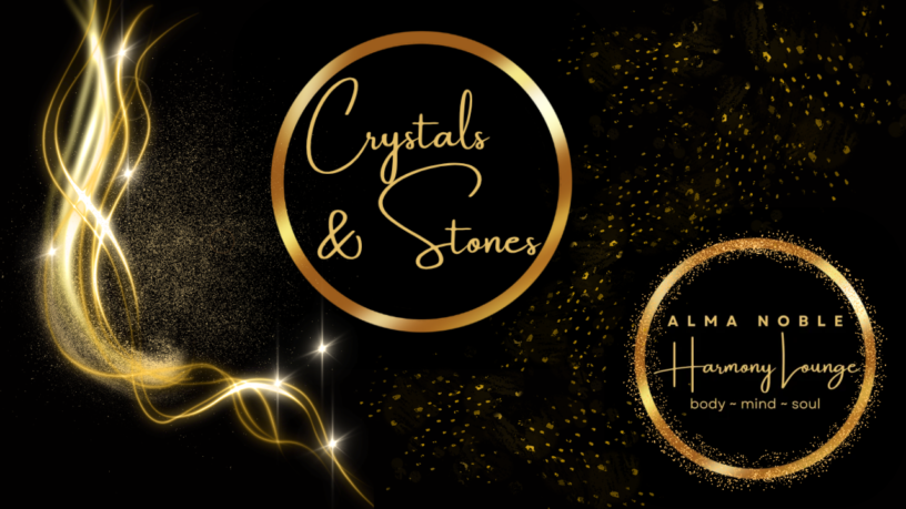 Crystals Stones subpage banner — black background, golden smoke, Crystals circle, Alma Noble