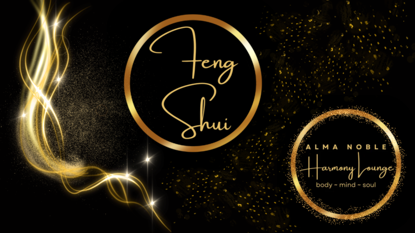 Feng Shui subpage banner — black background, golden smoke, Feng Shui circle, Alma Noble