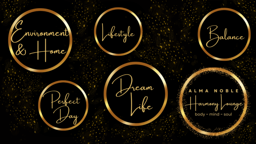 Lifestyle hub banner — black background, multiple golden lifestyle circles, Alma Noble