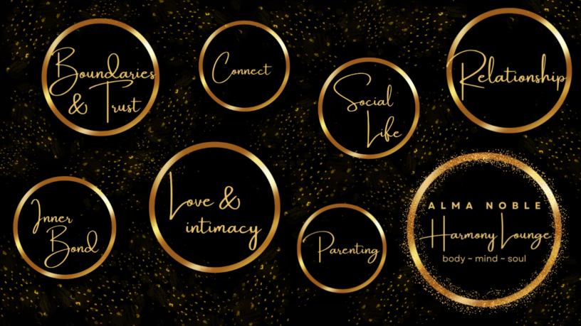 Relationships hub banner — black background, multiple golden relationships circles, Alma Noble