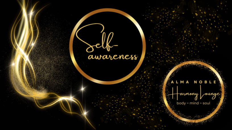 Self-Awareness subpage banner — black background, golden smoke, Awareness circle, Alma Noble