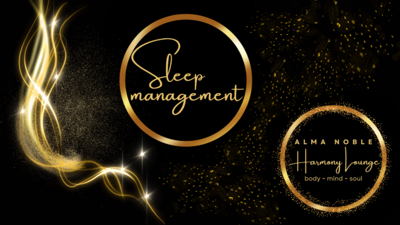 Sleep Management subpage banner — black background, golden smoke, Sleep circle, Alma Noble