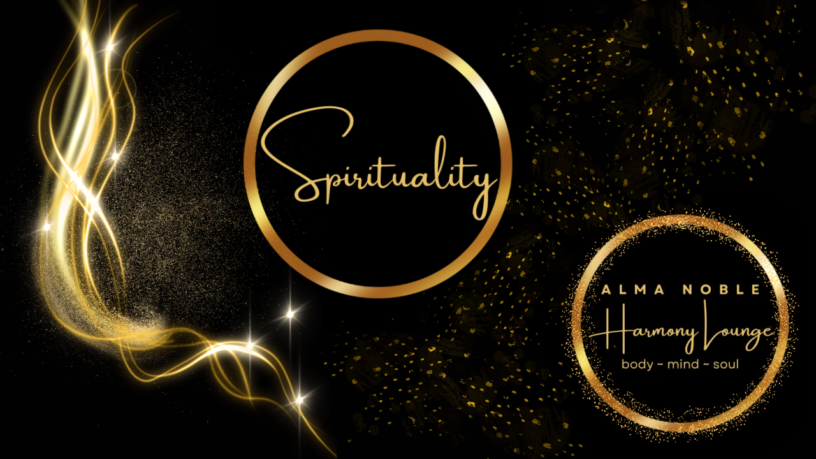 Spirituality subpage banner — black background, golden smoke, Spirituality circle, Alma Noble