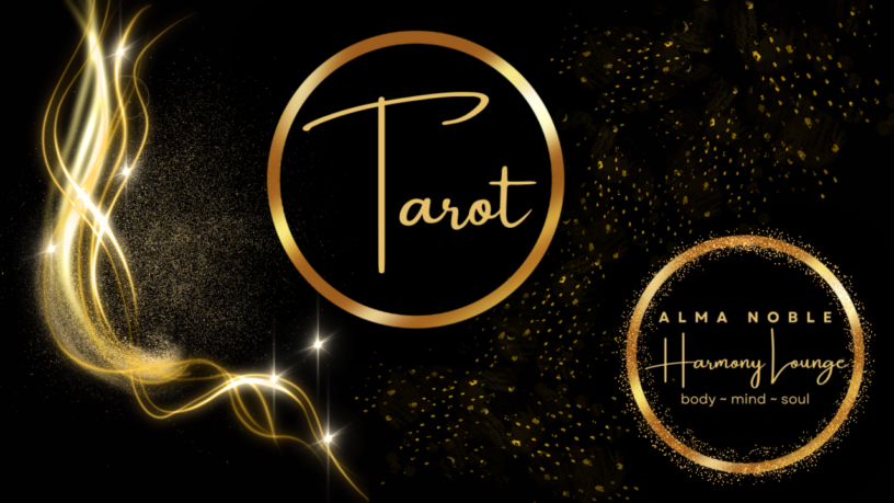 Tarot Cards subpage banner — black background, golden smoke, Tarot circle, Alma Noble