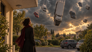 A woman stands beneath a narrow concrete canopy, watching cars and trucks fall from a dark, stormy sky above a residential parking area.