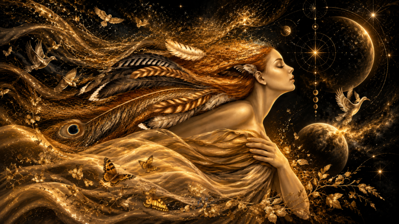 Serene woman surrounded by golden feathers, birds, butterflies, stars and celestial symbols, representing freedom, transformation and spiritual growth