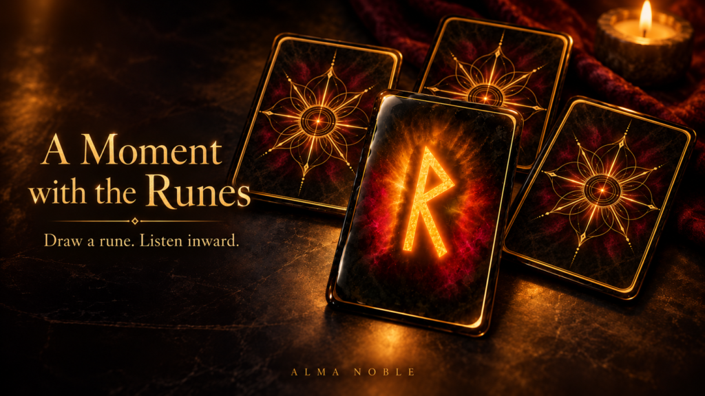 A glowing Raidho rune card among matching black-and-gold cards beside a candle, with the words “A Moment with the Runes — Draw a rune. Listen inward.”